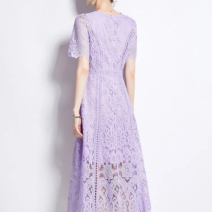 JAMERARY Vintage Holiday Lace Hollow Out Prom Dress For Women's Slim Elegant Short Sleeve Long Dress Female Clothing