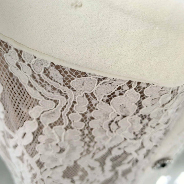 Luxury Crystal White Lace Embroidery Pencil Dress Elegant Short Sleeve Single Breasted Midi Dress.