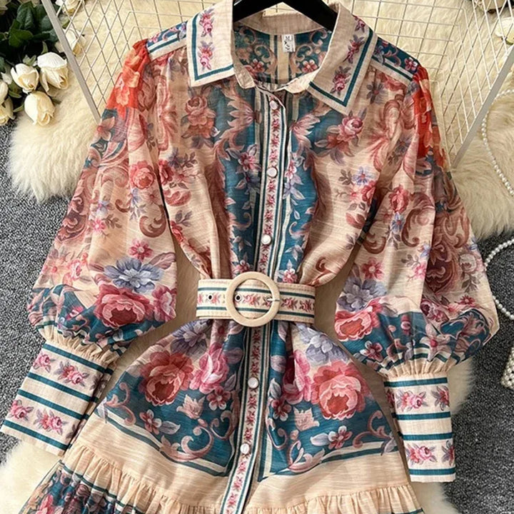 New Retro Court Printed Lapel Lantern Sleeve Cinched Waist Single Breasted Long Sleeve Elegant Long Dress