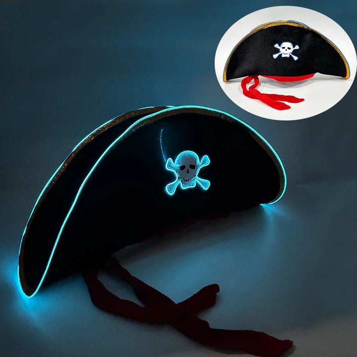 Adults Black Pirate Hats with Skull Pattern Halloween Cosplay Props Parties Caribbean Pirate Costume Hats LED Glowing Party Hat