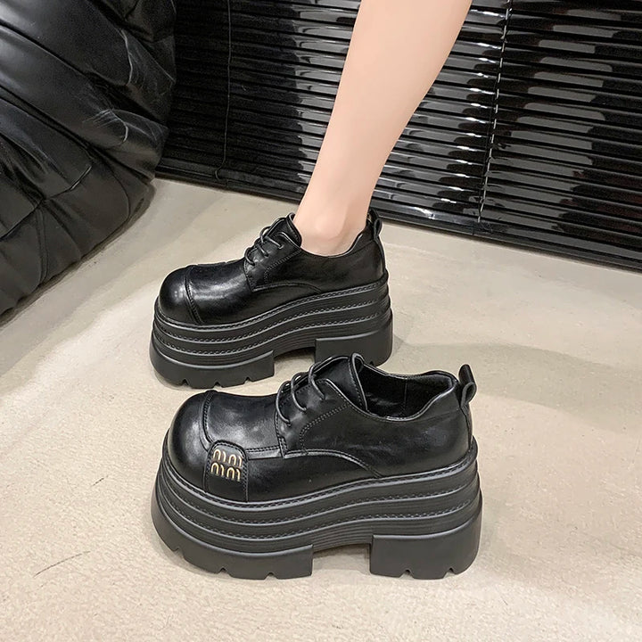 Women's Leather Sneakers New High Platform Lace-up Casual Shoes Thick Sole 10CM Heels Walking Shoes Zapatos Mujer