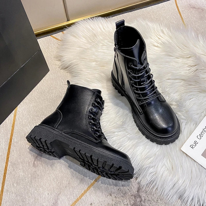 Women 2024 Autumn New Tooling Boots Lady Anti Slip Waterproof Lace Up Short Boots Students Casual Thick Heel Knight Boots
