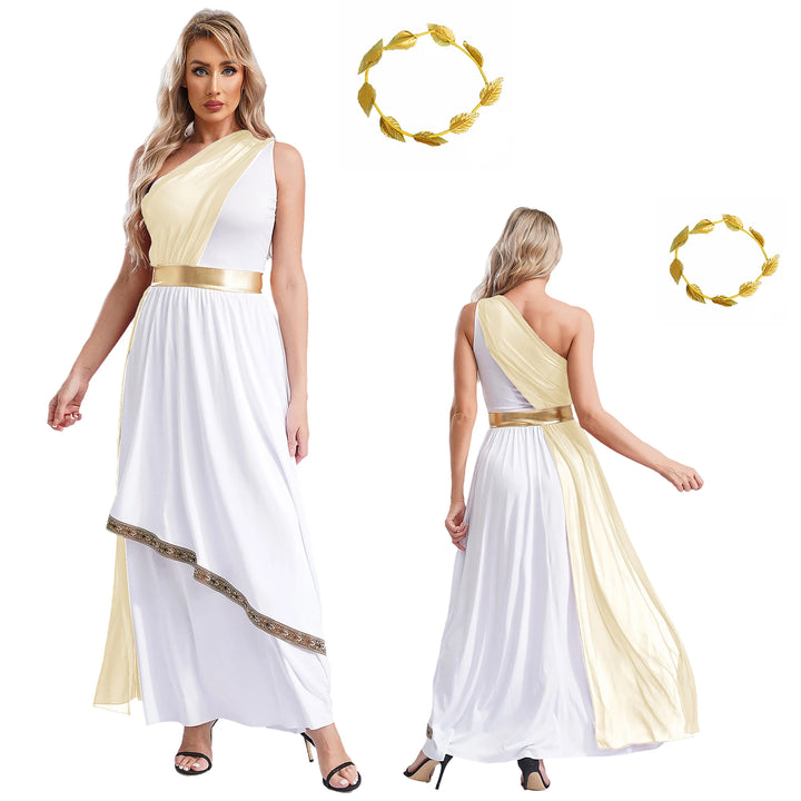 Women Halloween Ancient Greek Dress Ancient Greek Toga Costumes Robe One Shoulder Chiffon Overlay Tunic Dress with Headwear