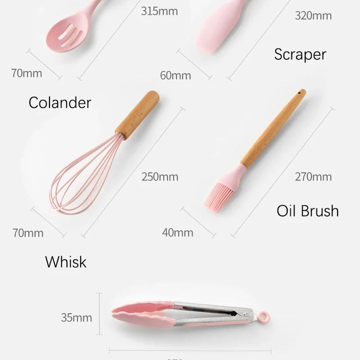 Pink Cooking Kitchenware Tool Silicone Utensils With Wooden Multifunction Handle Non-Stick Spatula Ladle Egg Beaters Shovel