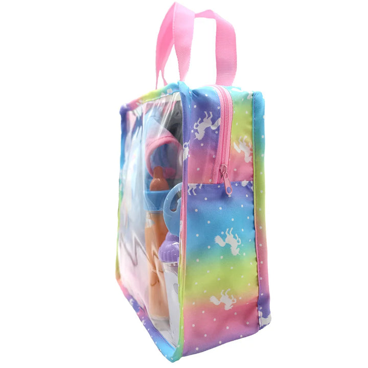 Newborn Doll Accessories Kit with Clear Display Rainbow Carrying Bag Transparent Display Window Fit 14inch Dolls Doll Travel Set