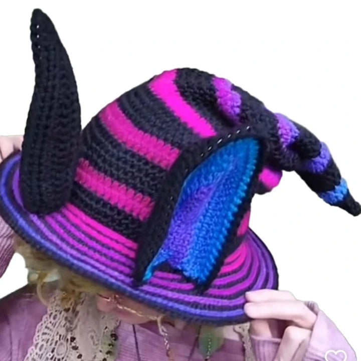 1PC Halloween Party Crocheted Witch Hats Party Wide Brim Pointed Hat Accessory Funny Cosplay Witch Hat with Stripes Photo Prop