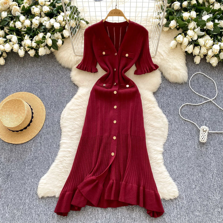 Vintage Single Breasted Women's Knitted Long Dress High Waist Short Sleeve Ruffles Straight Dress