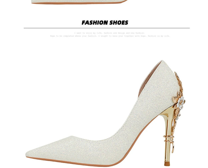Light Luxury Sexy Women Dress Shoes 2025 Autumn Metal Flower Fashion High Heel Wedding White Pointed Sequins Shiny Female Pumps