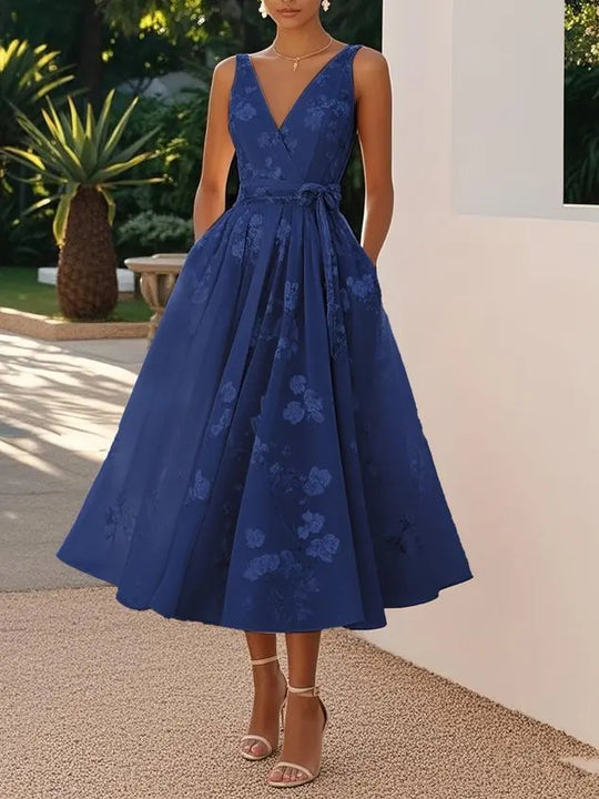 Stylish  Printed Dress Elegant V-neck Mesh Sleeveless Waist Cinched Bow Long and Formal Dress.
