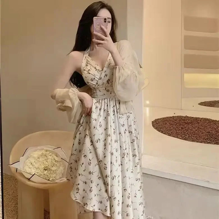 New Gentle Wind Fragmented Flower V-Neck Sling Dress Set Waist Wrap Neck Hanging Long Dress with Thin Cardigan