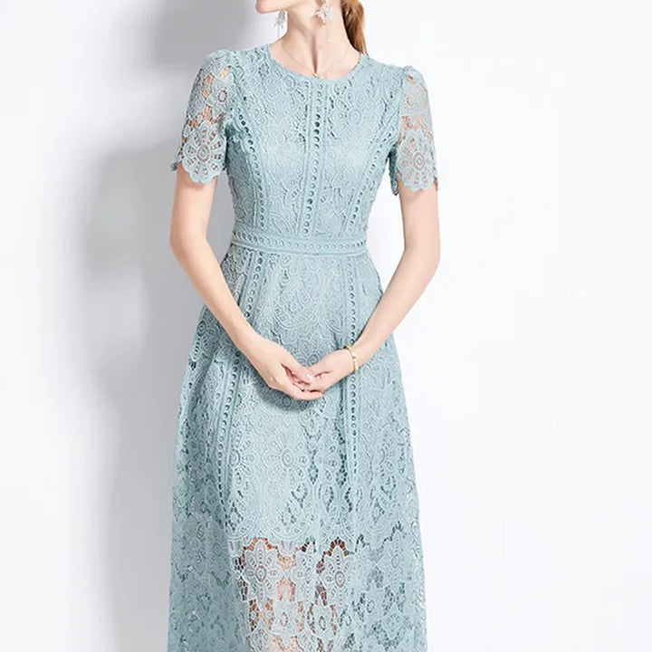 JAMERARY Vintage Holiday Lace Hollow Out Prom Dress For Women's Slim Elegant Short Sleeve Long Dress Female Clothing