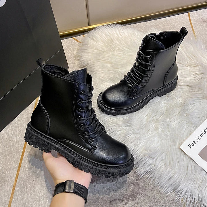 Women 2024 Autumn New Tooling Boots Lady Anti Slip Waterproof Lace Up Short Boots Students Casual Thick Heel Knight Boots