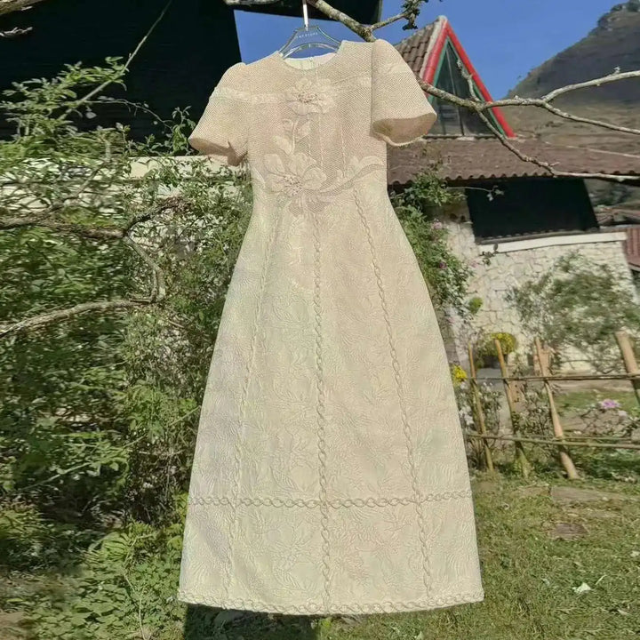 Elegant Long Dress Fairy Style Embroidered Flower Waist O Neck Short Sleeve Fashion Women Dress