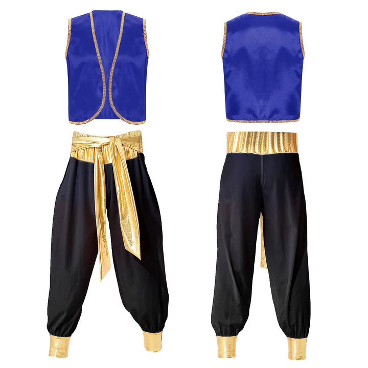 Mens Halloween Costume Mythical Arabian Prince Carnival Cosplay Party Outfit Sequin Trim Waistcoat with Belted Pants