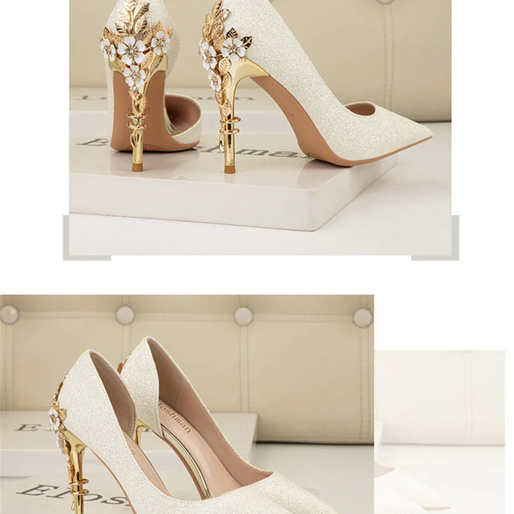 Light Luxury Sexy Women Dress Shoes 2025 Autumn Metal Flower Fashion High Heel Wedding White Pointed Sequins Shiny Female Pumps