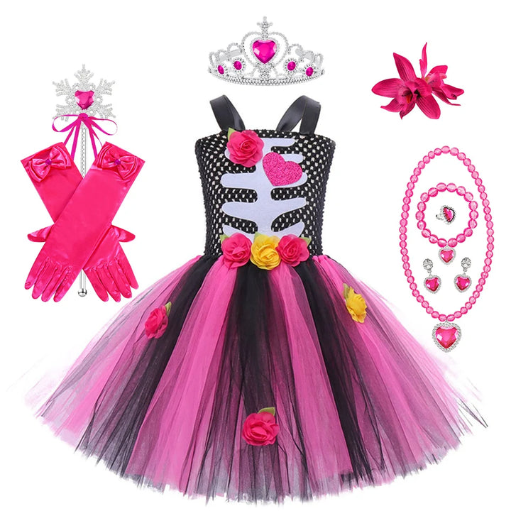 Halloween Kids Dress Cosplay Heart Print Skeleton Costumes Girls Floral Skull Tutu Clothes Children Carnival Performance Outfits