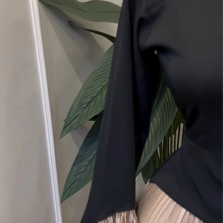 Women Patchwork Flare Long Sleeve U-collar Pleated Big Swing Maxi Long Dress perfect for special occasions.