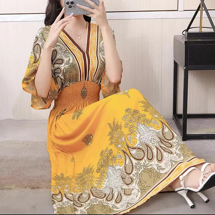V-neck Large Skirt Hem Casual Sweet Long Dress Bat Sleeves Elastic Waist Bohemian Print Floral Elegant .
