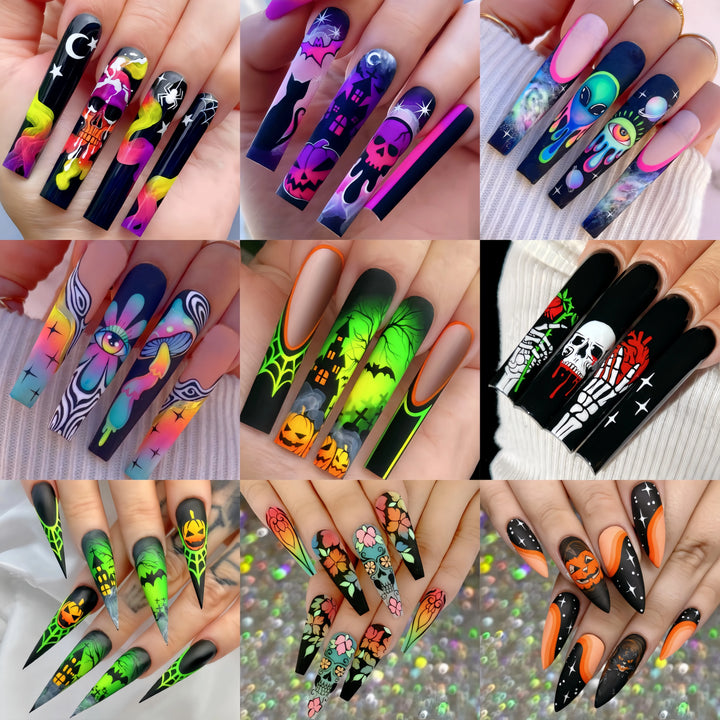 Halloween Fashion Nail Art 216 pieces Nail art patch set Pumpkin Moon Bat Flower Table Nail Art patch Detachable nail art mid-le