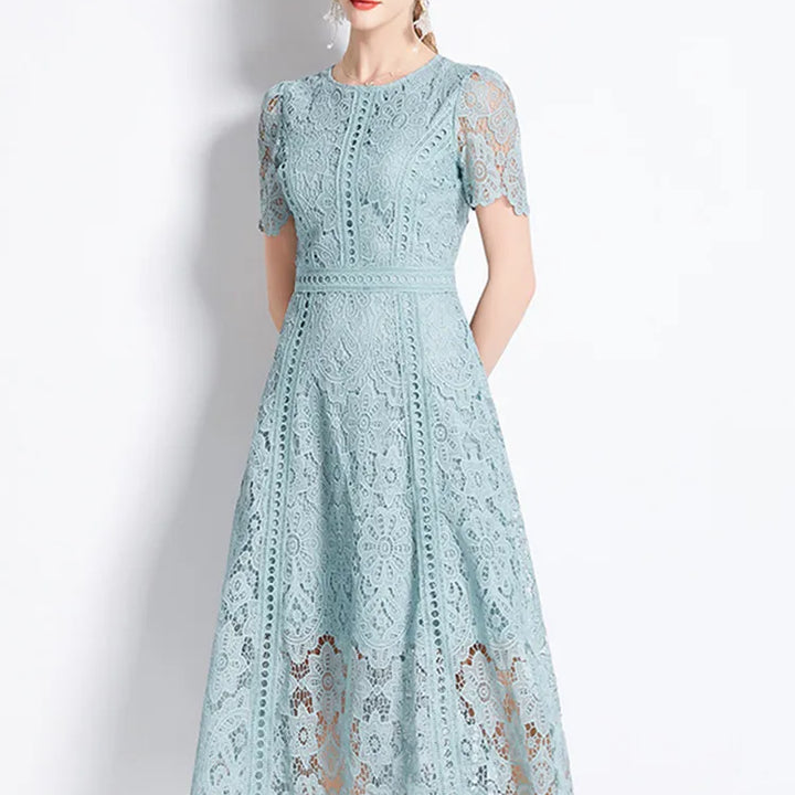 JAMERARY Vintage Holiday Lace Hollow Out Prom Dress For Women's Slim Elegant Short Sleeve Long Dress Female Clothing