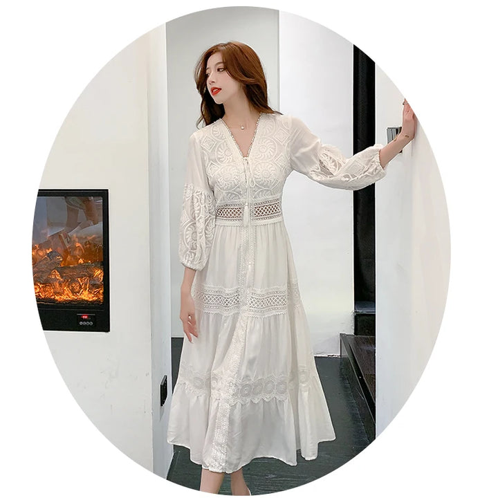 White Long Dress Boho Hollow Out Dress Ladies Elegant Vintage Loose Vestidos