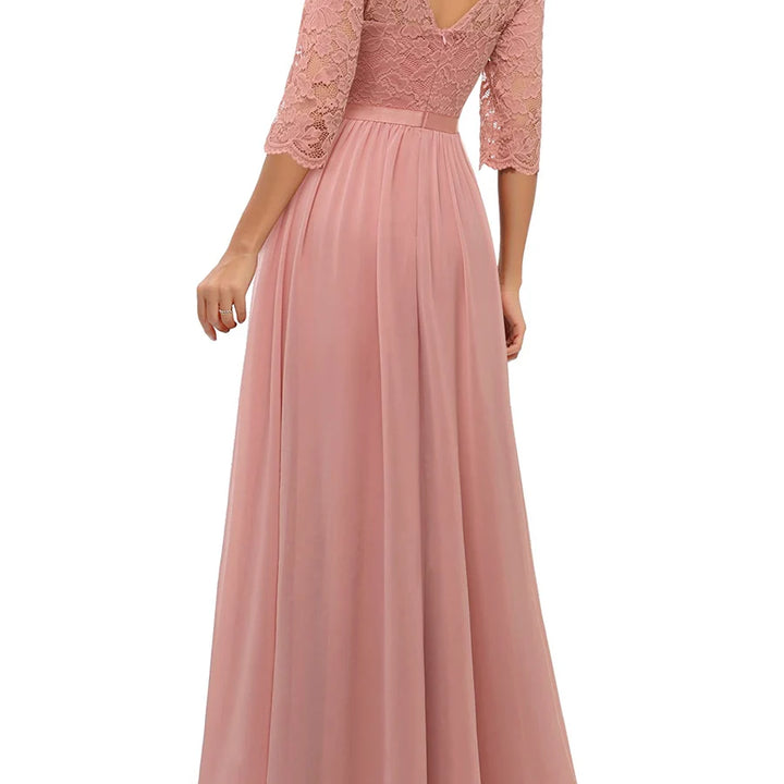 Long Dress Patchwork Lace V-neck Mid-Sleeve Backless Maxi Dress For Women