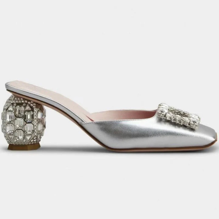New Rhinestone Pumps Women Square Toe Slip-on Mules Female Crystal High Heels Women Dress Shoes Women sandalias de las mujeres