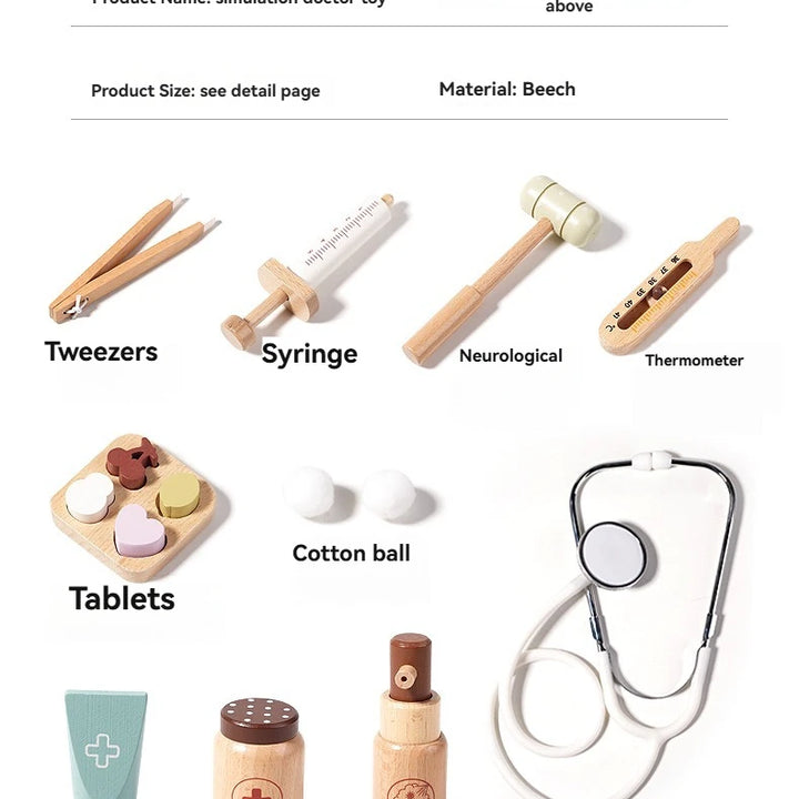 Children playing house simulation, doctors, nurses, stethoscopes, medical kits, syringes, toy sets, wooden boys and girls