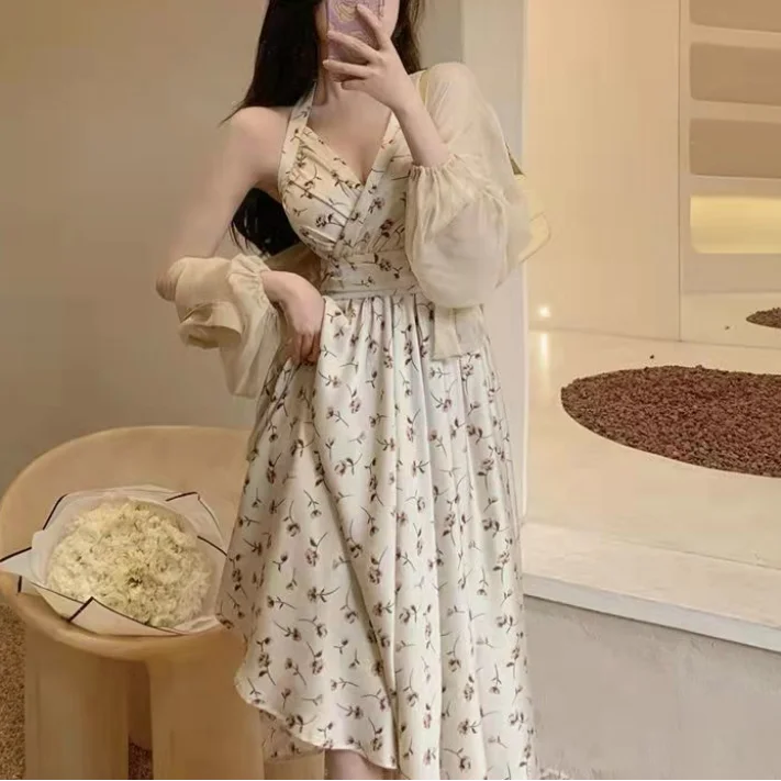 New Gentle Wind Fragmented Flower V-Neck Sling Dress Set Waist Wrap Neck Hanging Long Dress Thin Protection Cardigan