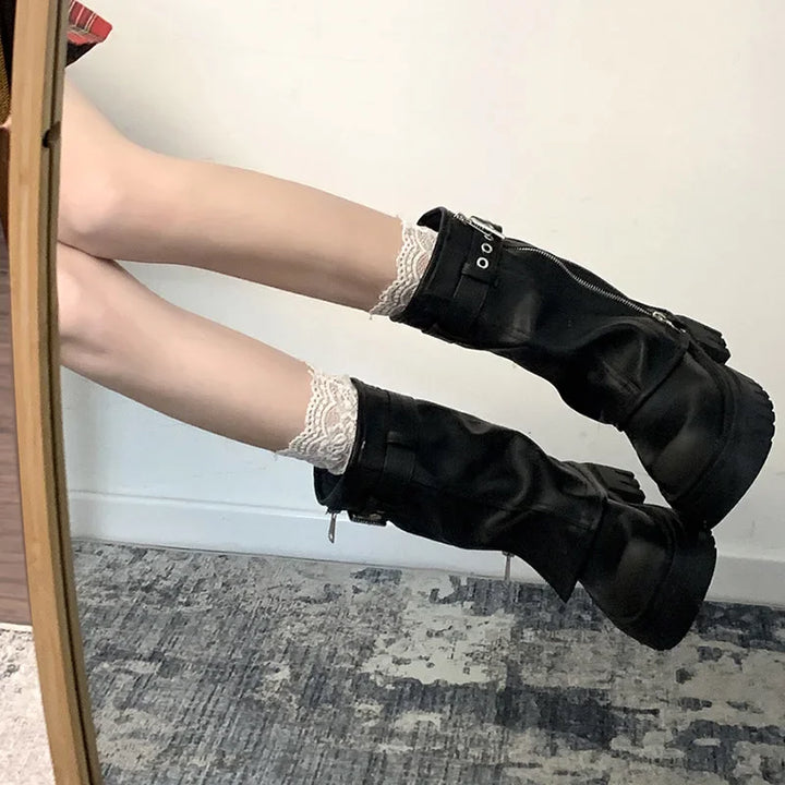 Winter Women Biker Boots Fashion Belt Buckle Ladies Elegant Platform Flats Short Booties Casual Women's Knight Booties