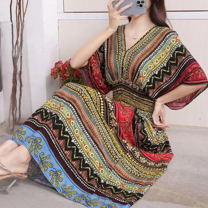 V-neck Large Skirt Hem Casual Sweet Long Dress Bat Sleeves Elastic Waist Bohemian Print Floral Elegant .