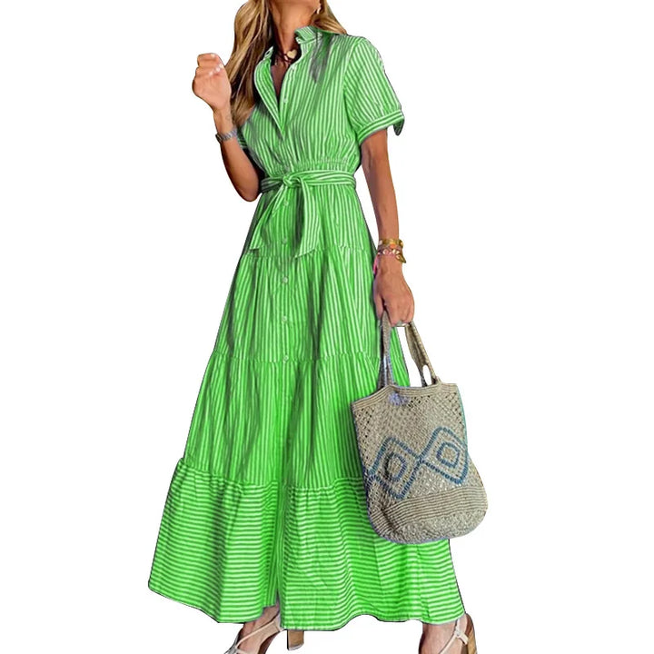 New Fashion Stripe Printed Short Sleeve Loose Waist Strap Long Collar Ankle Single Breasted Dress
