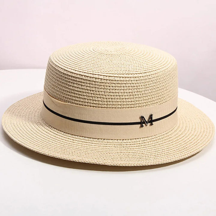 Straw hat women's summer flat top small top hat beach vacation hat straw woven hat sun hat