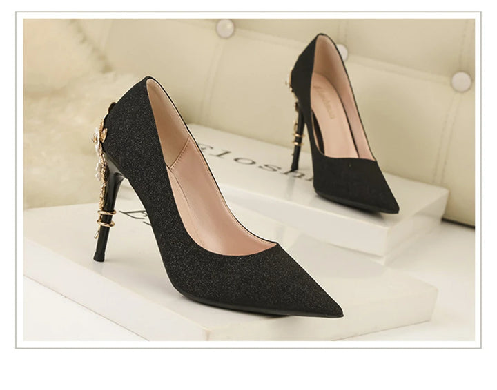 Light Luxury Sexy Women Dress Shoes 2025 Autumn Metal Flower Fashion High Heel Wedding White Pointed Sequins Shiny Female Pumps