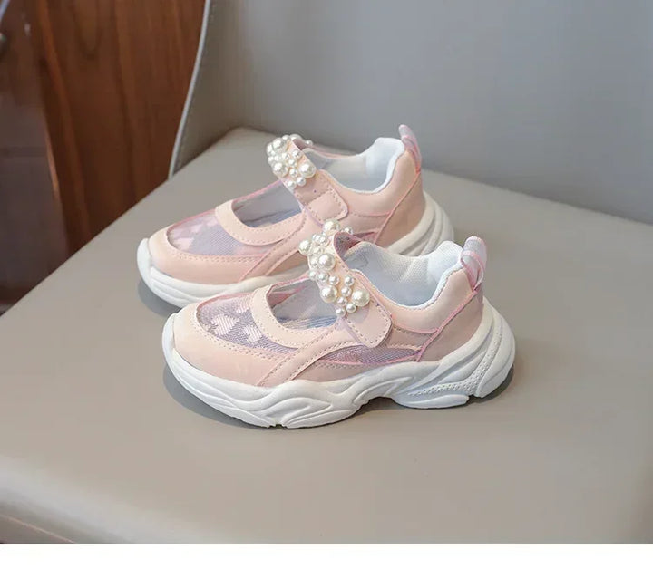 Children's Sneakers New Mesh Sports Shoes Spring Autumn Girls Fashion Shallow Breathable Pearl Tennis Kids Causal Flats