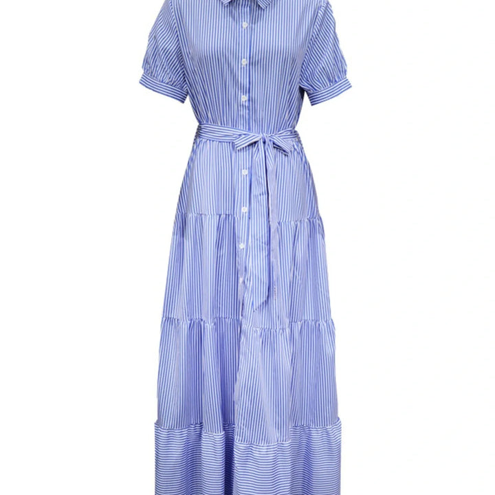 New Fashion Stripe Printed Short Sleeve Loose Waist Strap Long Collar Ankle Single Breasted Dress