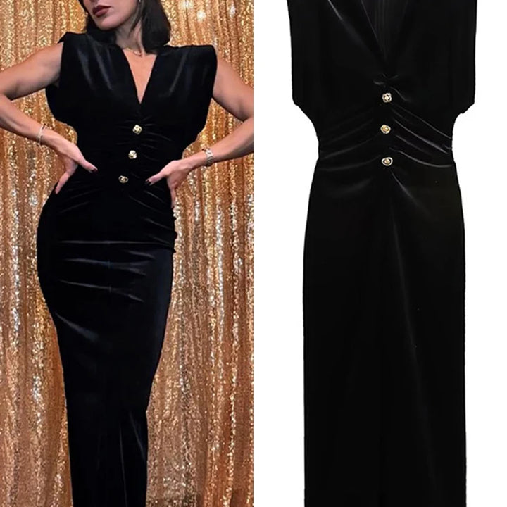 Elegant Velvet Long Dress Women V Neck Sleeveless High Waist Shoulder Pad Dress.