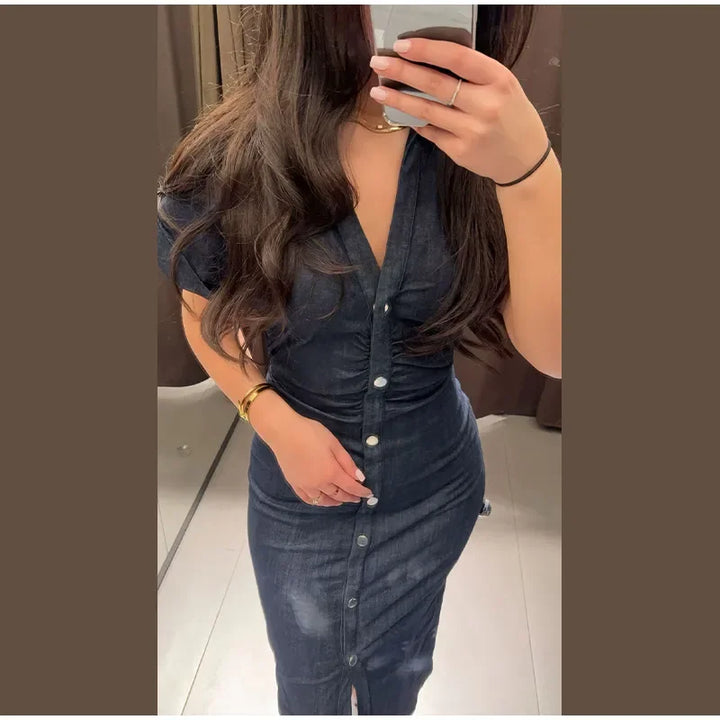 V-neck Denim Dress Fashion Slim Long Dress Chic Short Sleeves Single Button High.