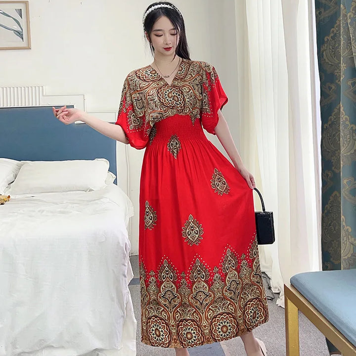 V-neck Large Skirt Hem Casual Sweet Long Dress Bat Sleeves Elastic Waist Bohemian Print Floral Elegant .