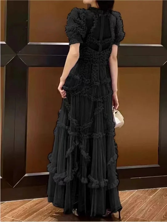 Quality Vintage Layers Ruffle Cake tulle Long Dress Women Blue Dots Elegant Party Evening Vestidos