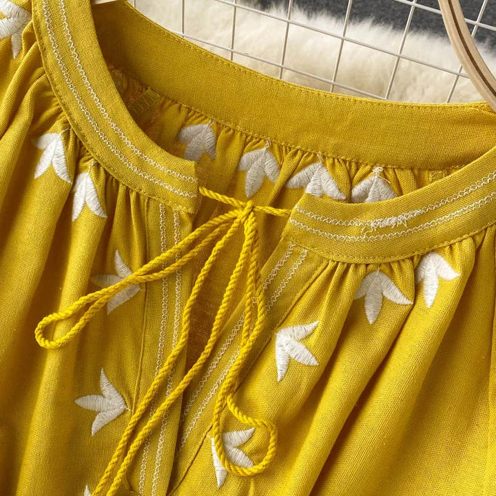 New Spring Autumn Embroidered Dress V-neck Tie Split Retro Indie Folk Style Holiday Beach Long Dress.