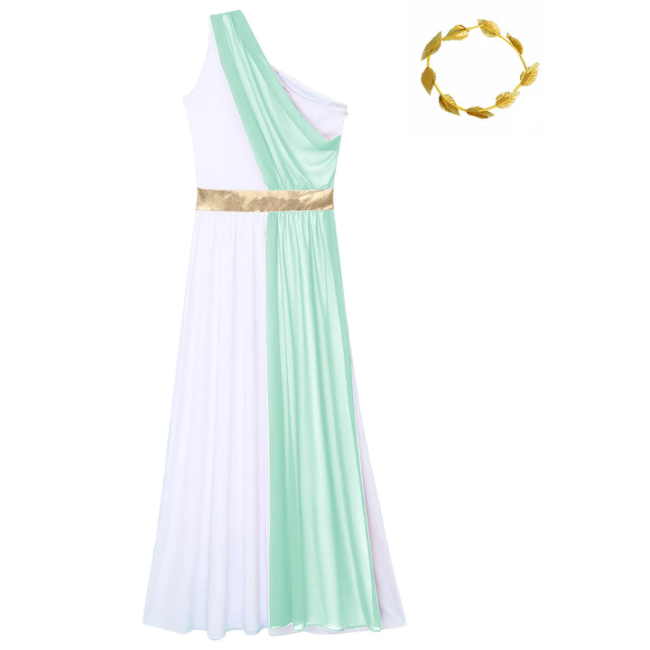 Women Halloween Ancient Greek Dress Ancient Greek Toga Costumes Robe One Shoulder Chiffon Overlay Tunic Dress with Headwear