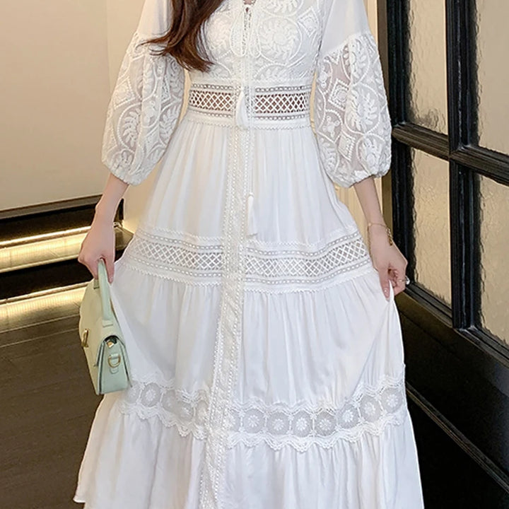 White Long Dress Boho Hollow Out Dress Ladies Elegant Vintage Loose Vestidos