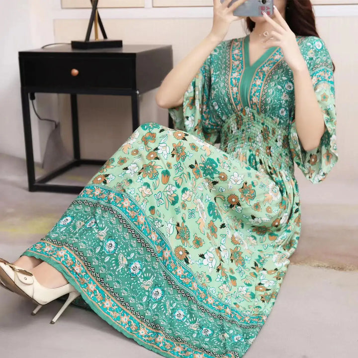V-neck Large Skirt Hem Casual Sweet Long Dress Bat Sleeves Elastic Waist Bohemian Print Floral Elegant .