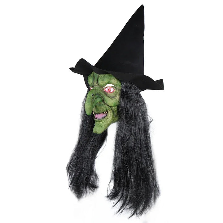 Halloween Horror Old Witch Mask with Hat Cosplay Scary Clown Hag Latex Masks Green Face Big Nose Old Women Costume Party Props