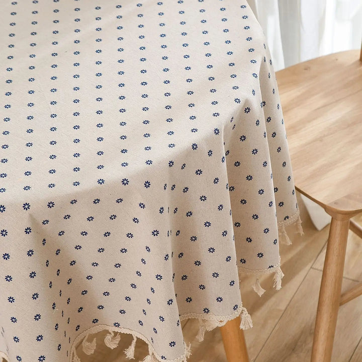 Cotton Linen Table Cloth Round Tablecloth with Tassel Dust-Proof Floret Circular Table Cover for Kitchen Dinning Tabletop Decor