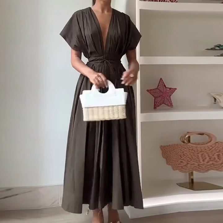 Elegant Pleated Lace Up Long Dress Deep V-neck Flying Sleeve A-line Party Dresses Summer Lady Office All-match Chic Robes