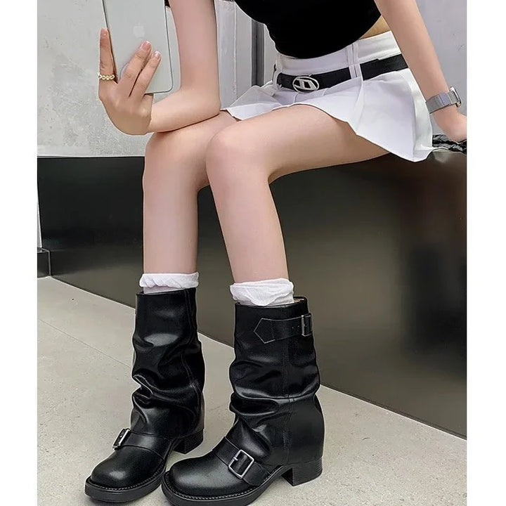 Pleated Buckle Knight Boots for Women Autumn Brown PU Leather Mid Calf Boots Woman Slip-On Thick Heel Riding Botas Mujer 2024