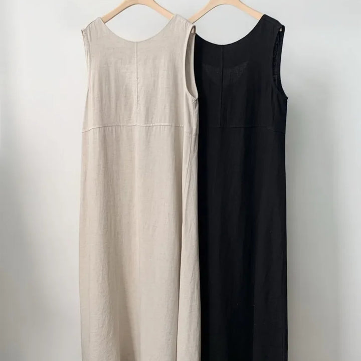 Cotton Linen Women Tank Dress Solid Sleeveless O-neck Casual Loose Straight Long .