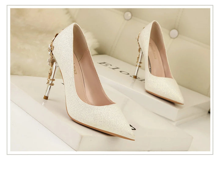 Light Luxury Sexy Women Dress Shoes 2025 Autumn Metal Flower Fashion High Heel Wedding White Pointed Sequins Shiny Female Pumps
